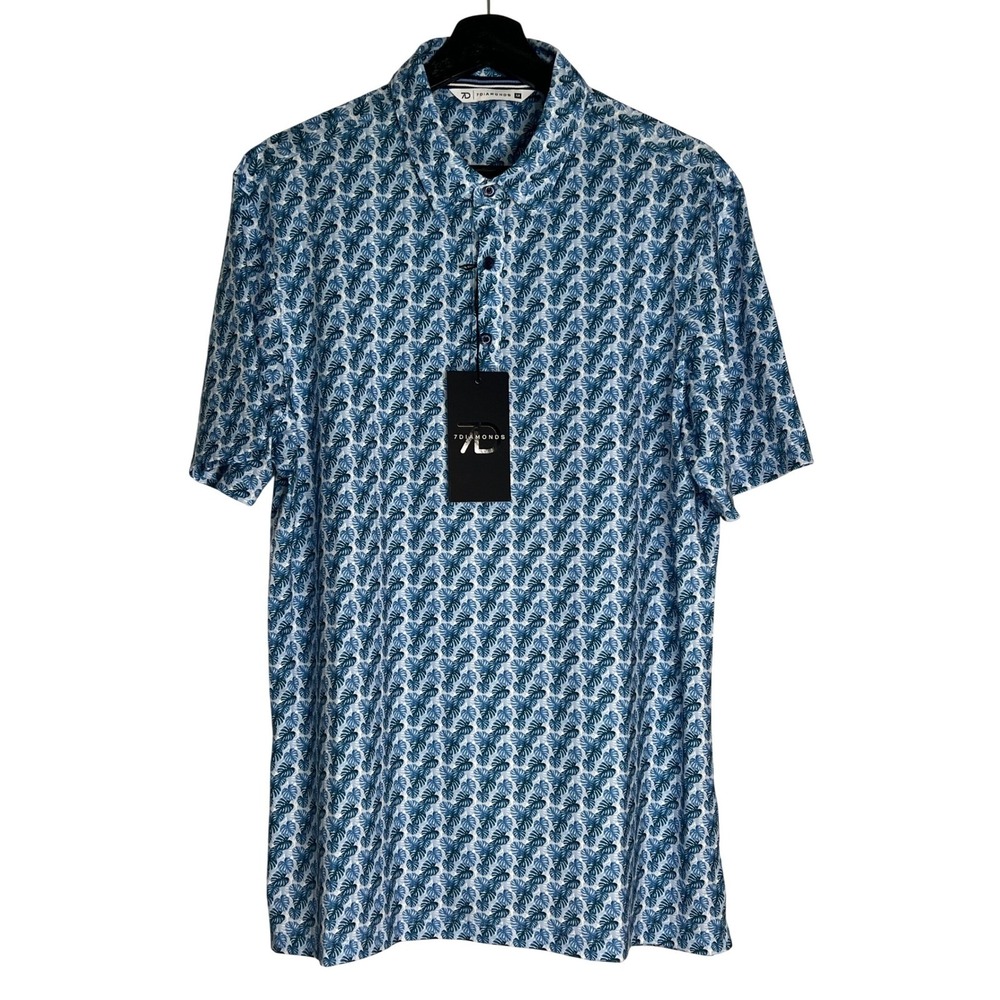7 Diamonds Mens Belize 4-Way Stretch Polo Shirt Blue Monstera Leaf Medium